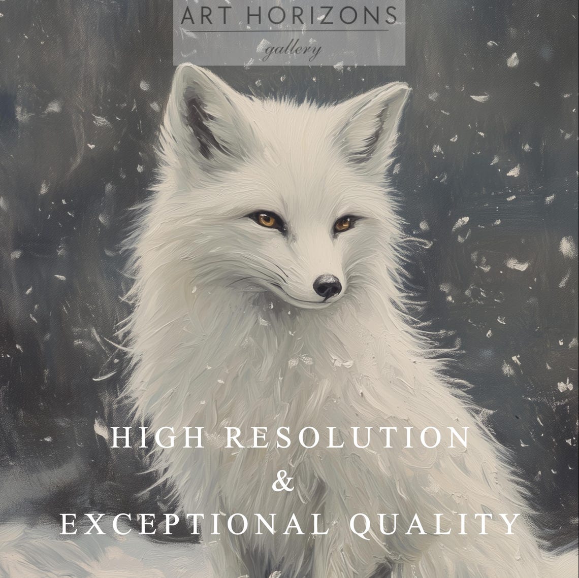 White Arctic Fox Sitting In Falling Snow Night Forest Art Poster - Image 3