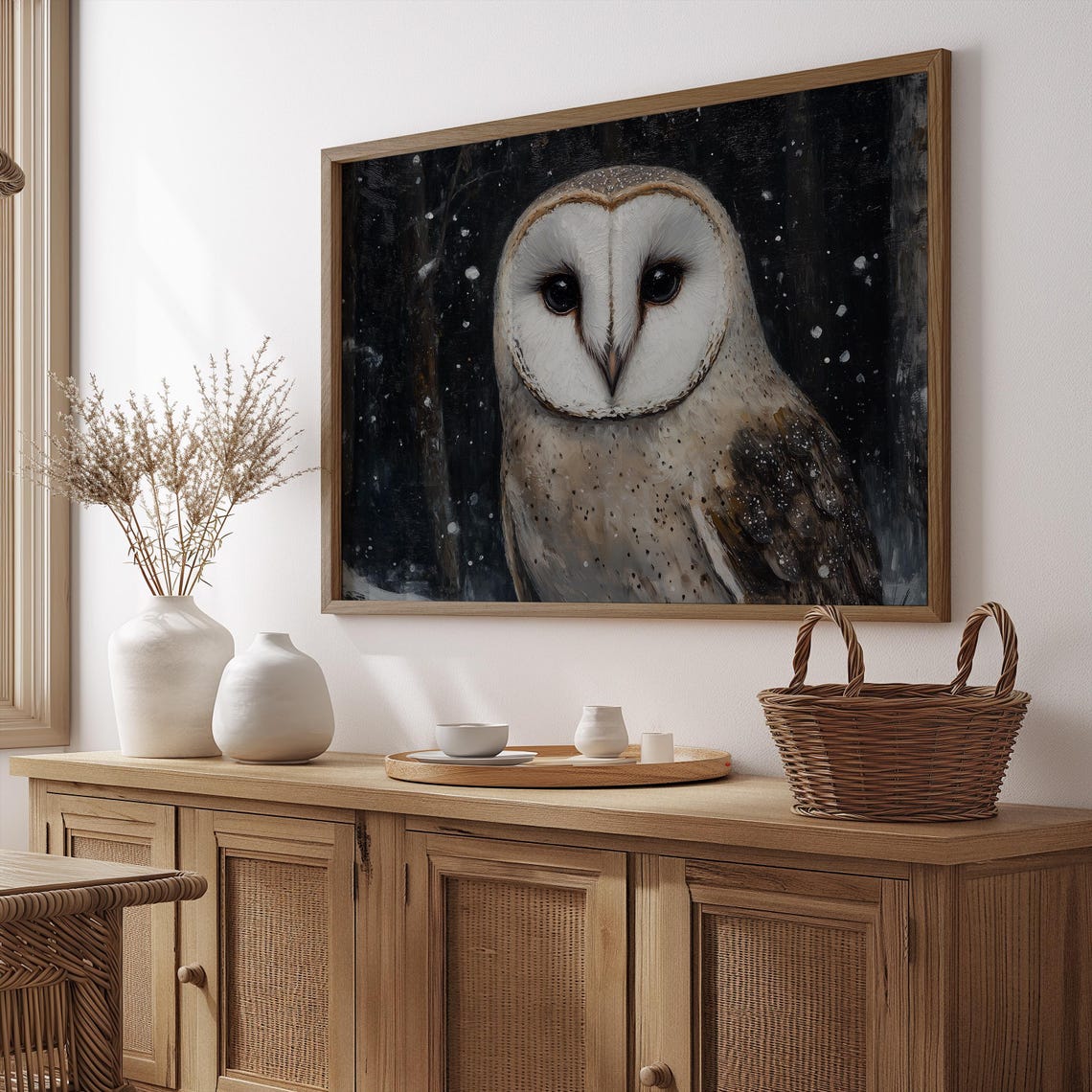Barn Owl Portrait Dark Snowy Forest Moody Rustic Wildlife Art Poster - Image 4