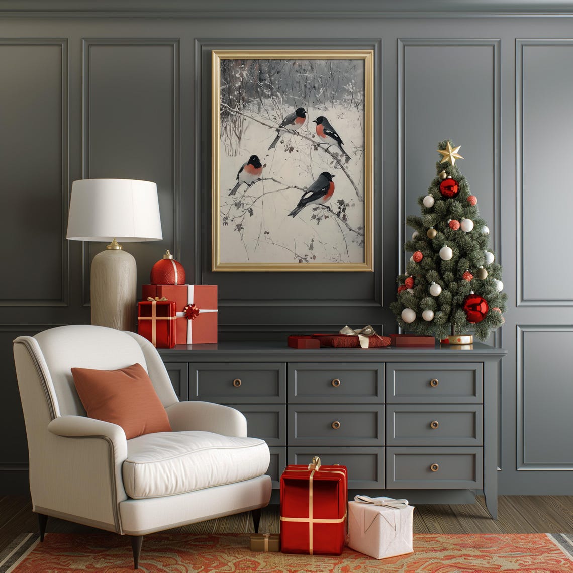 Four Bullfinches On Snowy Branches Winter Bird Oil Painting Poster - Image 2