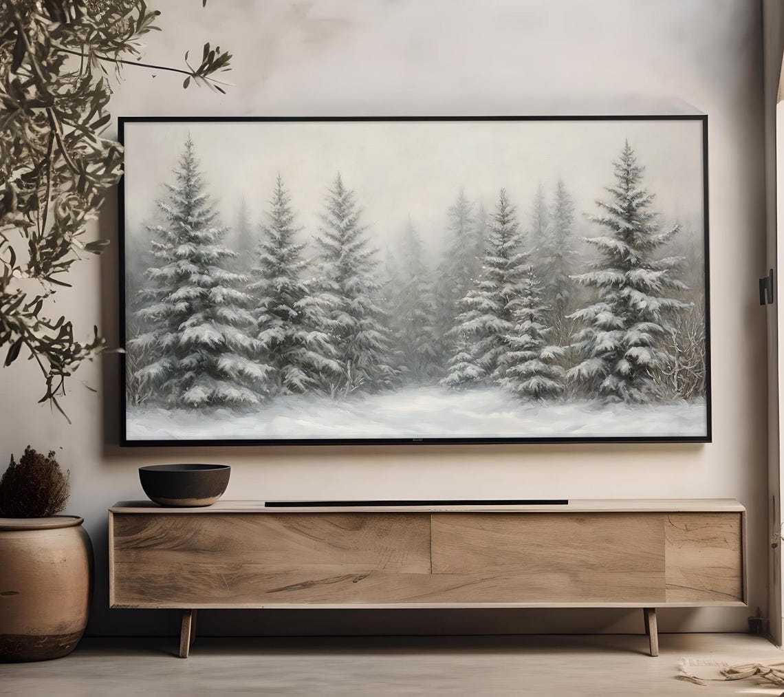 Snowy Pine Forest Mist Muted Gray Winter Trees Landscape Poster - Image 4