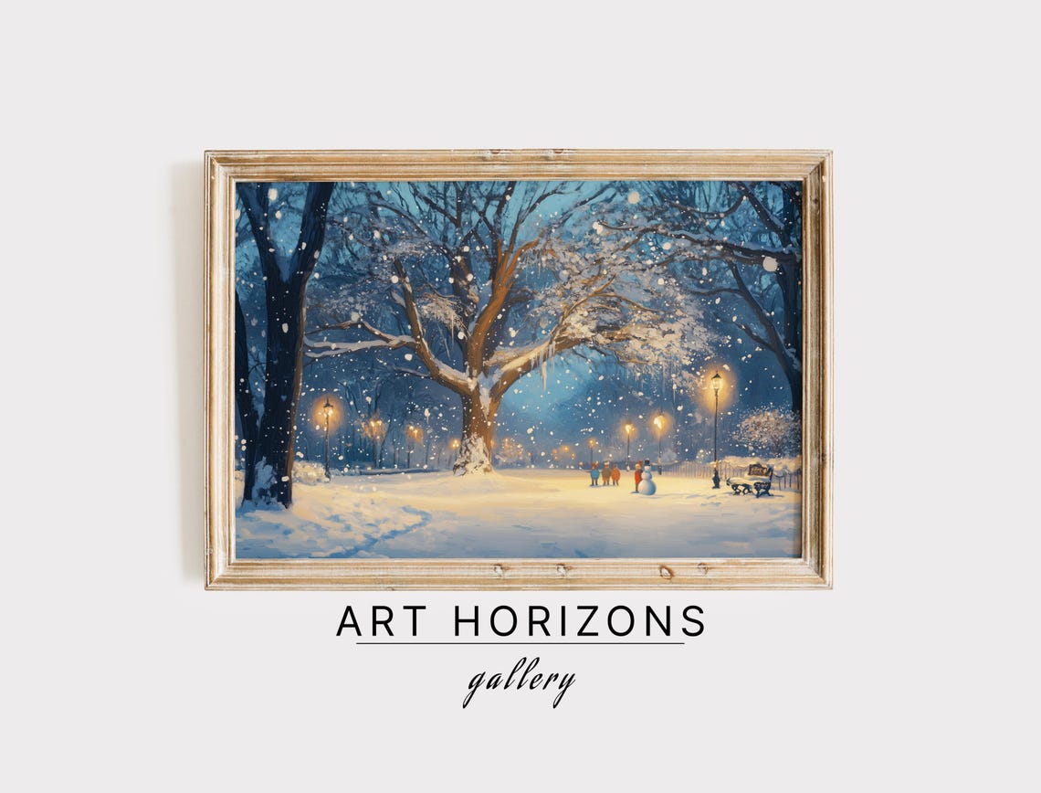Snowy Park at Night with Lampposts Kids Sledding Travel Poster