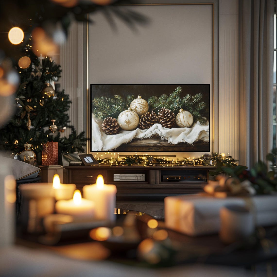 Gold Ornaments Pinecones and Pine Branches Still Life TV Art Print - Image 4