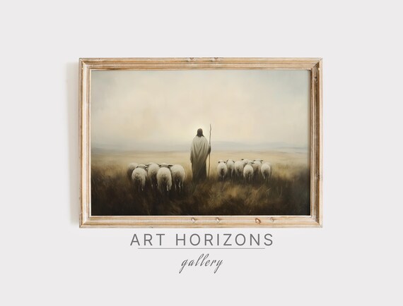 Jesus the Good Shepherd Sheep Misty Field Minimalist Christian Faith Poster
