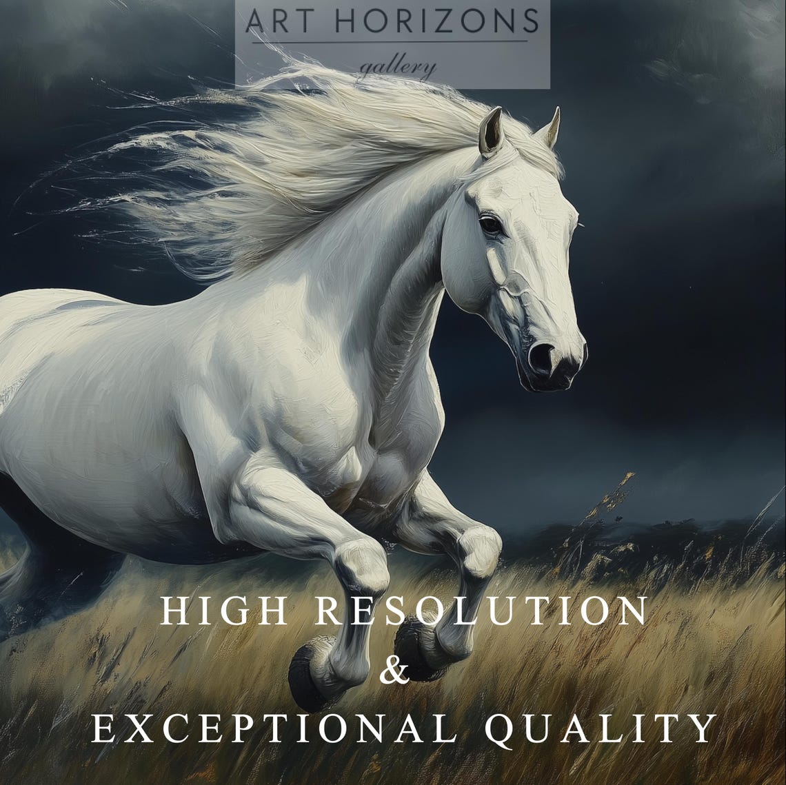 White Horse Galloping Under Stormy Sky Dramatic Oil Painting Poster - Image 3