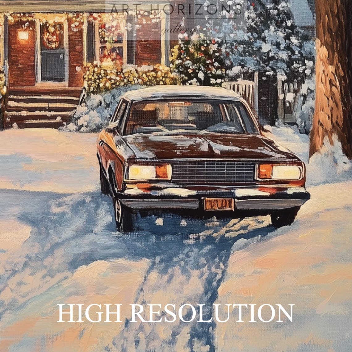 Brick House with Christmas Lights Vintage Car Snowy Night Art Print - Image 3