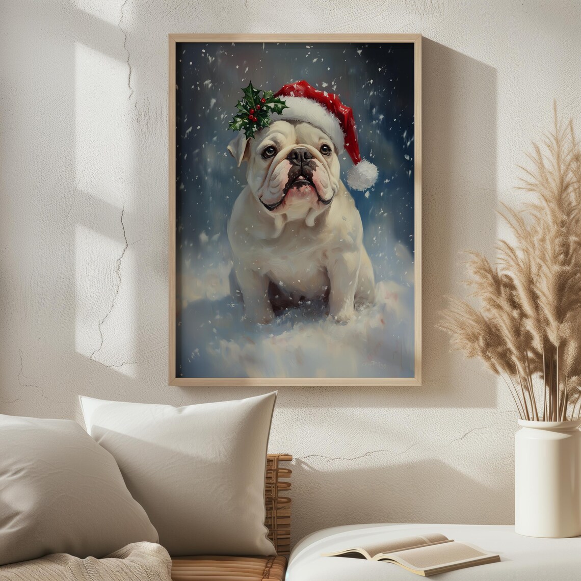 White English Bulldog Santa Hat Snow Cute Christmas Dog Art Print - Image 2