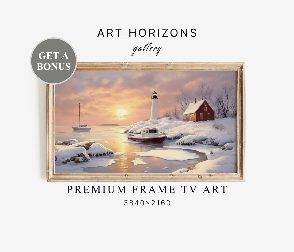 Sailboat Winter Frame Tv Art Winter Harbor Scene Art Lighthouse Landscape Tv Art Snowy Nautical Oil Painting Art Tv52