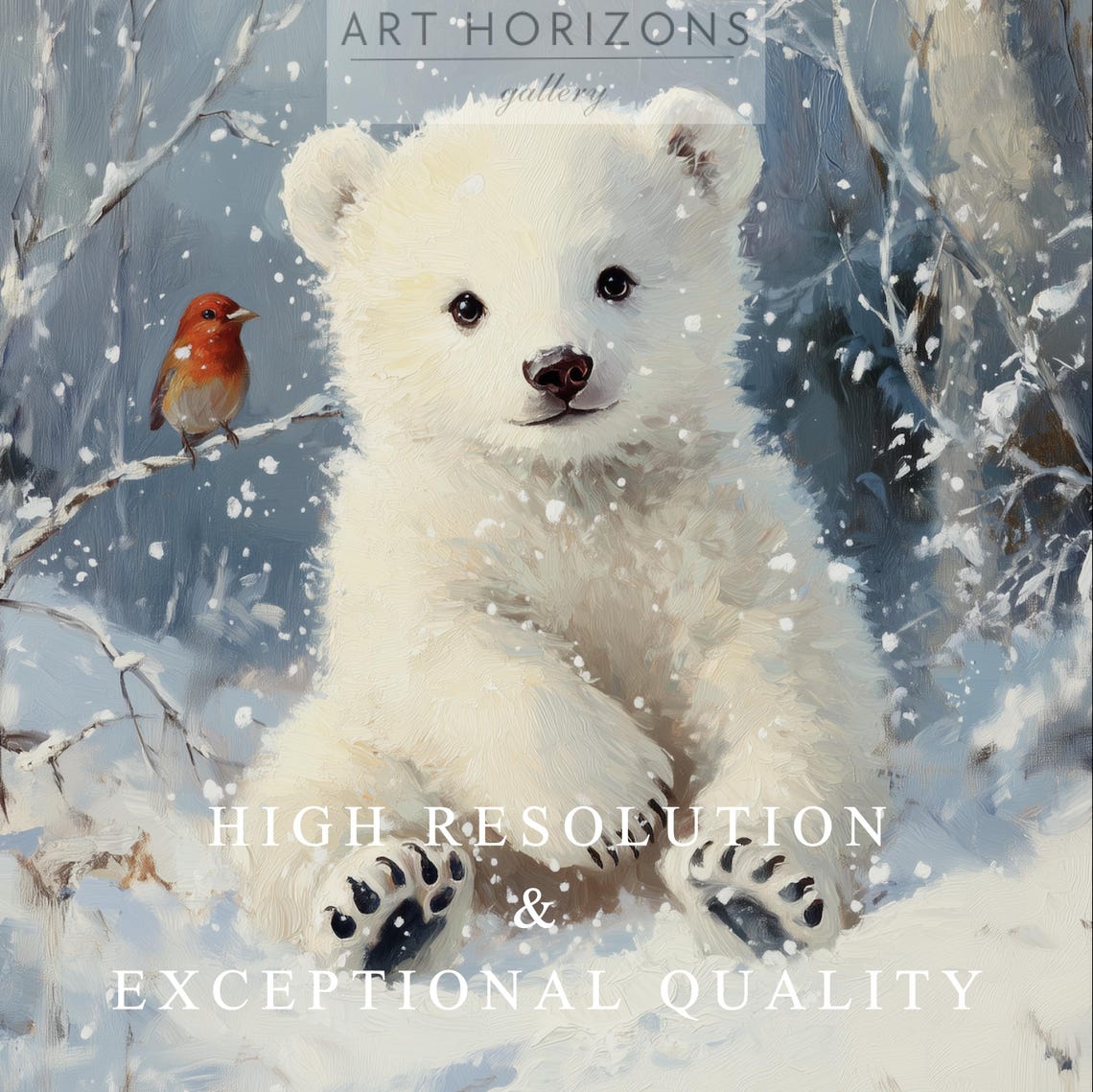 White Polar Bear Cub Snowy Forest Red Bird Winter Kids Wall Art Print - Image 3