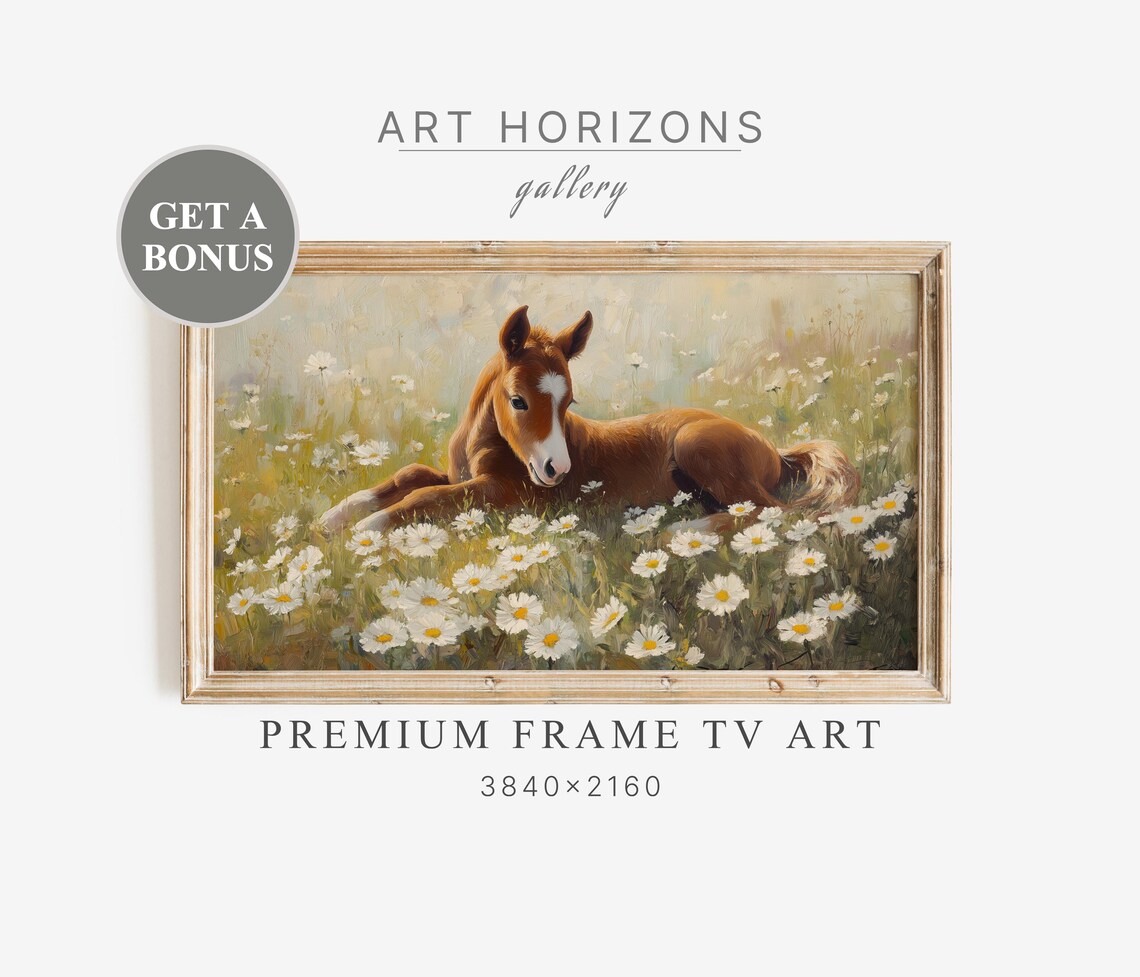 Baby Foal Lying Daisy Field Sweet Horse Painting Spring Farm Poster