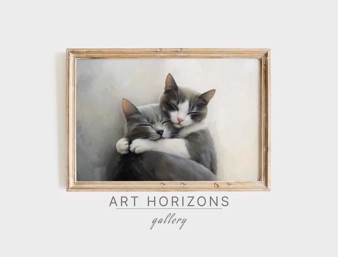 Two Grey Cats Cuddling Oil Painting Sweet Pet Love Vintage Wall Poster