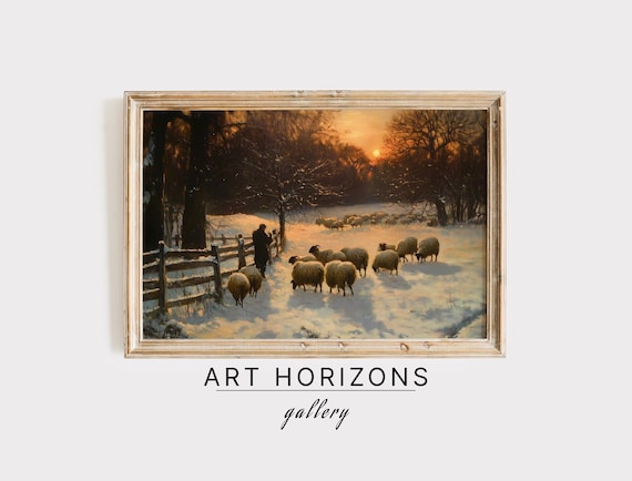 Moody Winter Landscape Neutral Winter Wall Decor Winter Landscape Oil Painting Sheep Vintage Art Farmhouse Print A304