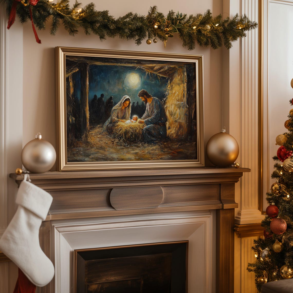 Nativity Scene Mary Joseph Baby Jesus Manger Moonlight Painting Print - Image 4