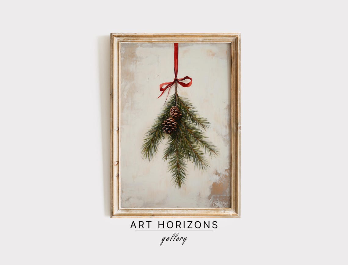Pine Branch with Pinecones Red Ribbon Minimalist Holiday Art Print