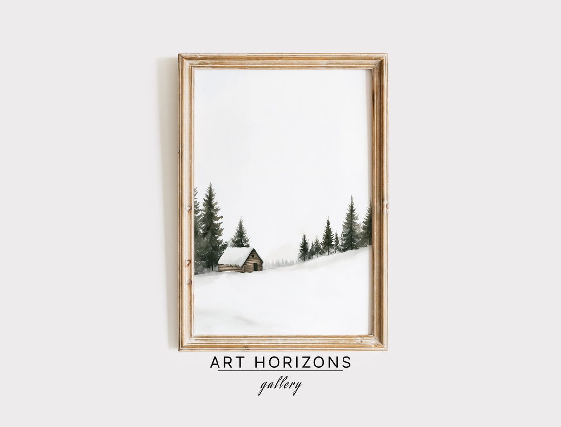 Tiny Log Cabin Snowy Field Pines Minimalist Airy Winter Art Poster
