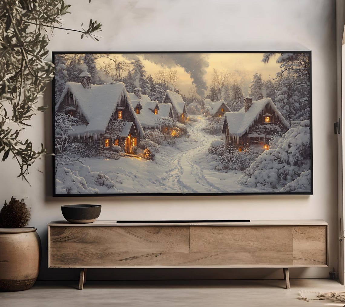 Winter Village Painting Tv Art Frame Tv Art Christmas Winter Frame Tv Art 4k Vintage Landscape Painting Holiday Decor Tv23 - Image 4