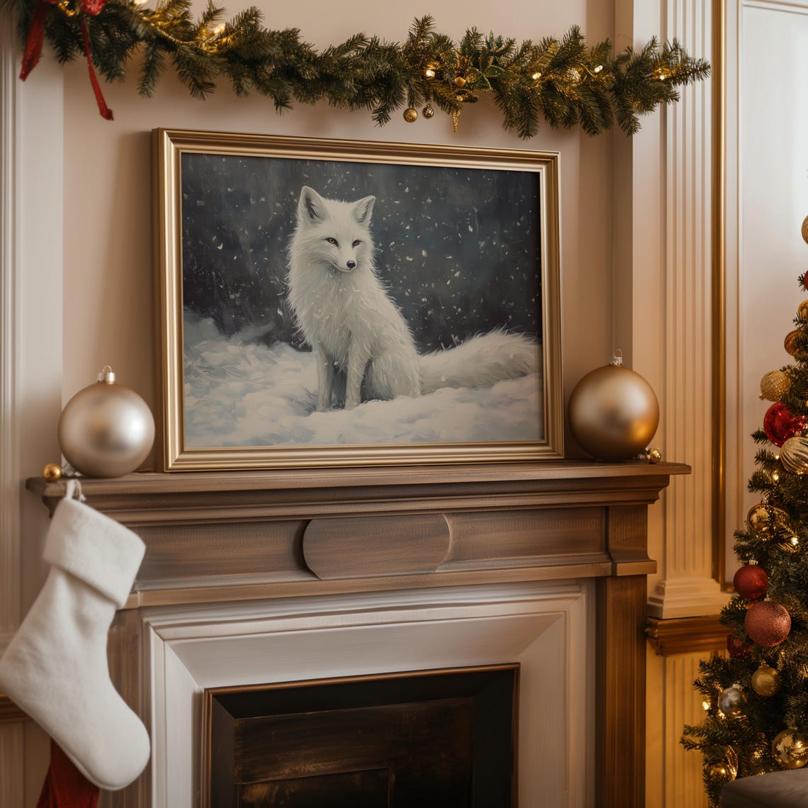 White Arctic Fox Sitting In Falling Snow Night Forest Art Poster - Image 2