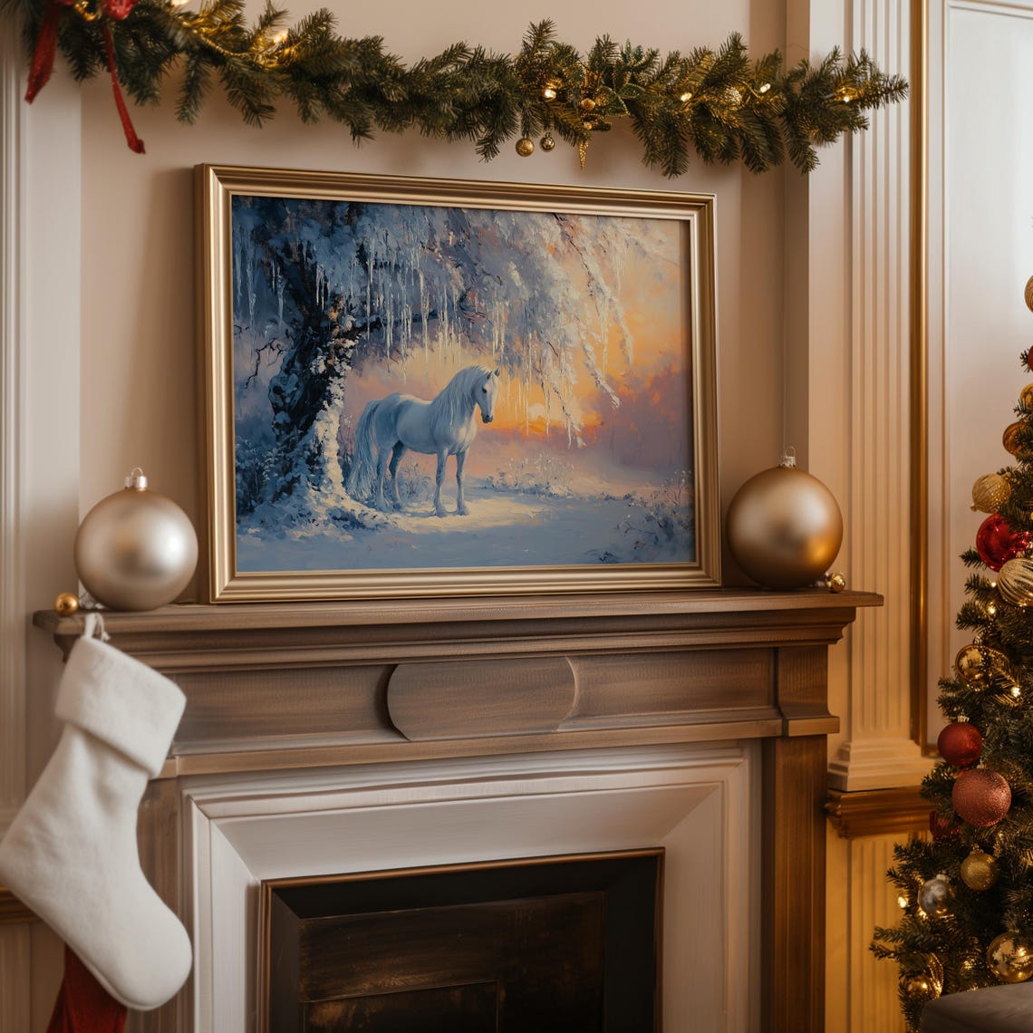 White Horse Frosty Tree Sunset Snow Winter Landscape Art Print - Image 2