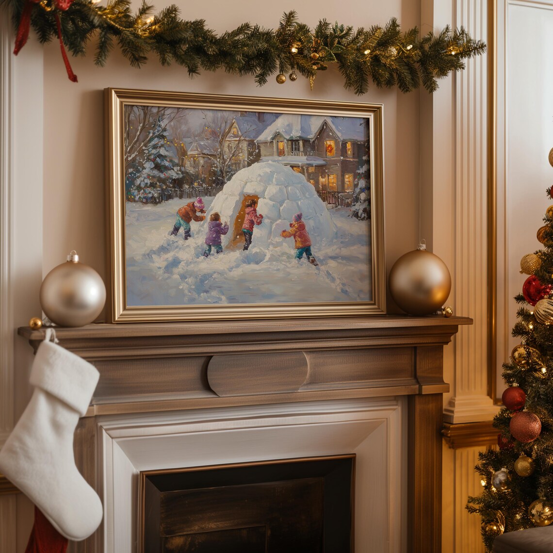 Children Building Snow Igloo Cozy House Winter Holiday Wall Art Print - Image 4