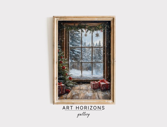Window Christmas Tree Art Print Winter Holidays Oil Painting Moody Christmas Wall Decor Winter Christmas Print A4