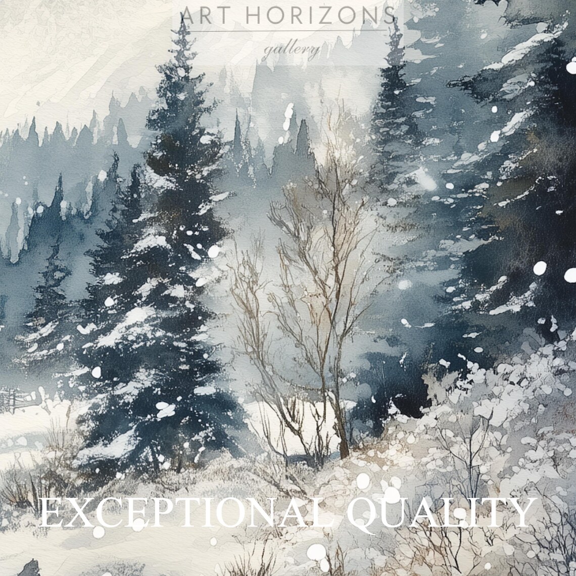 Mountain Cabin River Snowy Pines Watercolor Winter Landscape Poster - Image 2