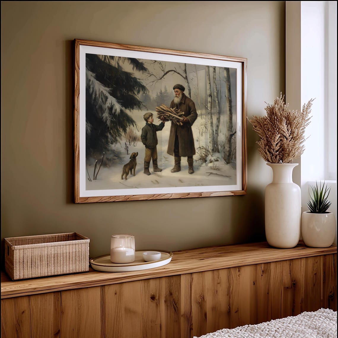 Antique Family Country Oil Painting Christmas Winter Rustic Wall Art Holiday Decor Vintage Victorian Farmhouse A303 - Image 4