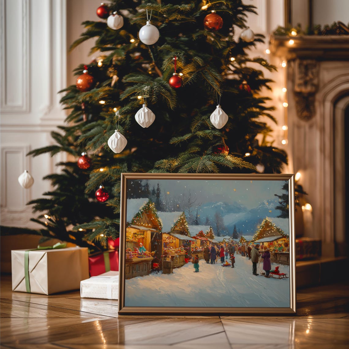 Snowy Christmas Market Wooden Stalls Evening Mountains Poster - Image 3