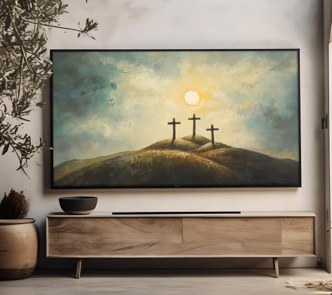 Three Crosses Calvary Hill Sunset Sky Easter Christian Religious Art Poster - Image 4