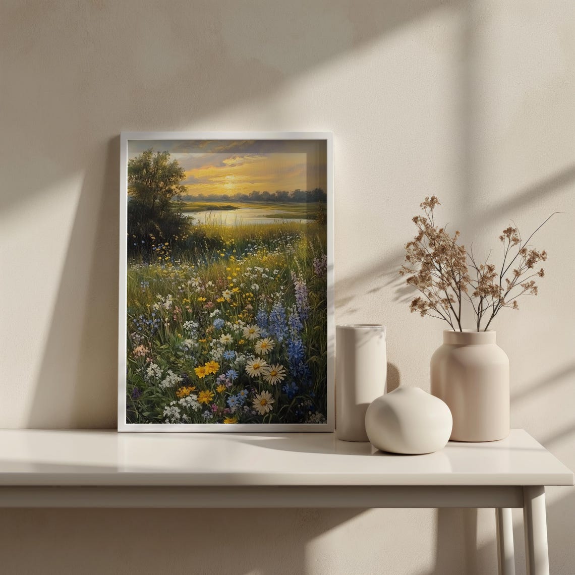 Wildflower Meadow Lake Sunset Vintage Pastel Spring Landscape Poster - Image 4