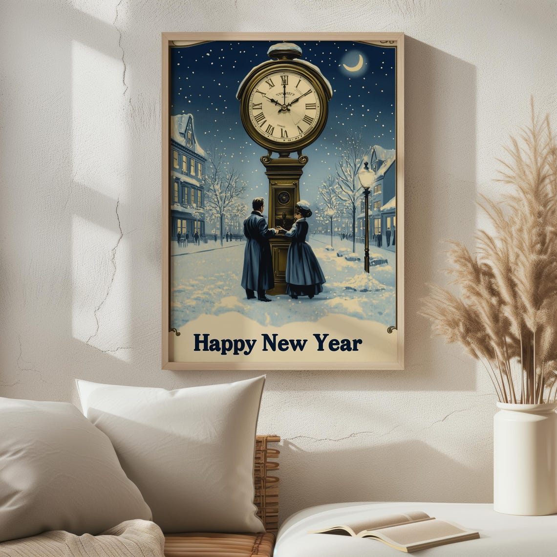 Happy New Year Vintage Postcard Clock Tower Midnight Snowy Town Print - Image 4