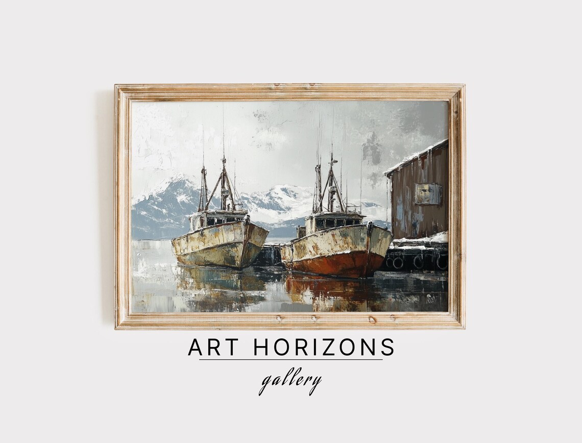 Weathered Fishing Boats At Harbor With Snowy Mountains Art Poster