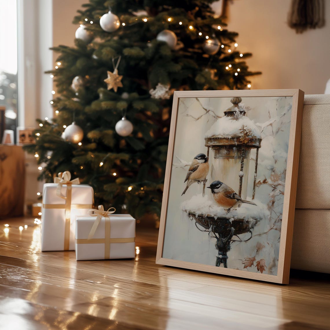 Two Chickadees Snowy Lamp Post Winter Bird Vintage Holiday Poster - Image 4