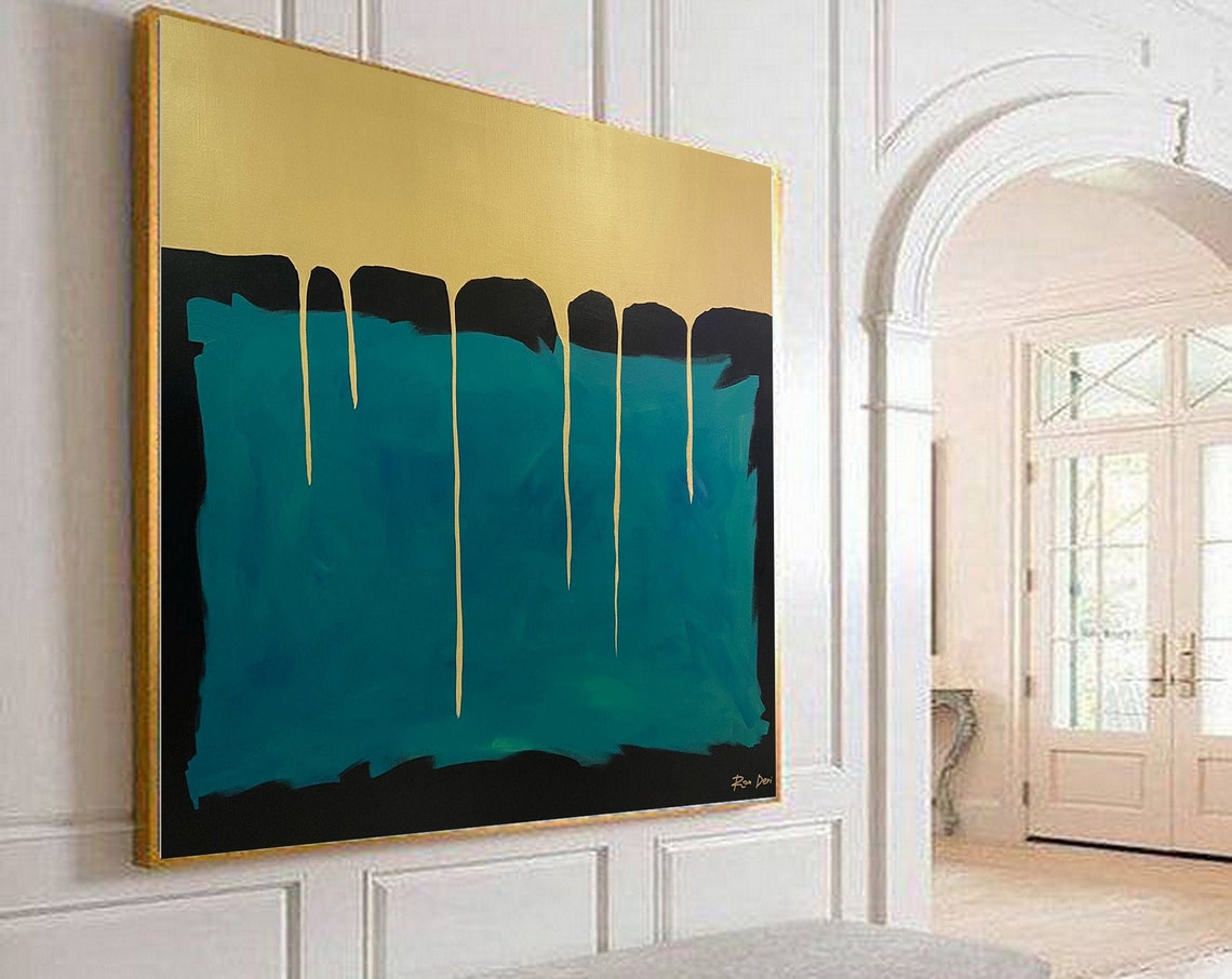 Golden Crown Drip Gold Paint Over Teal Minimalist Abstract Poster