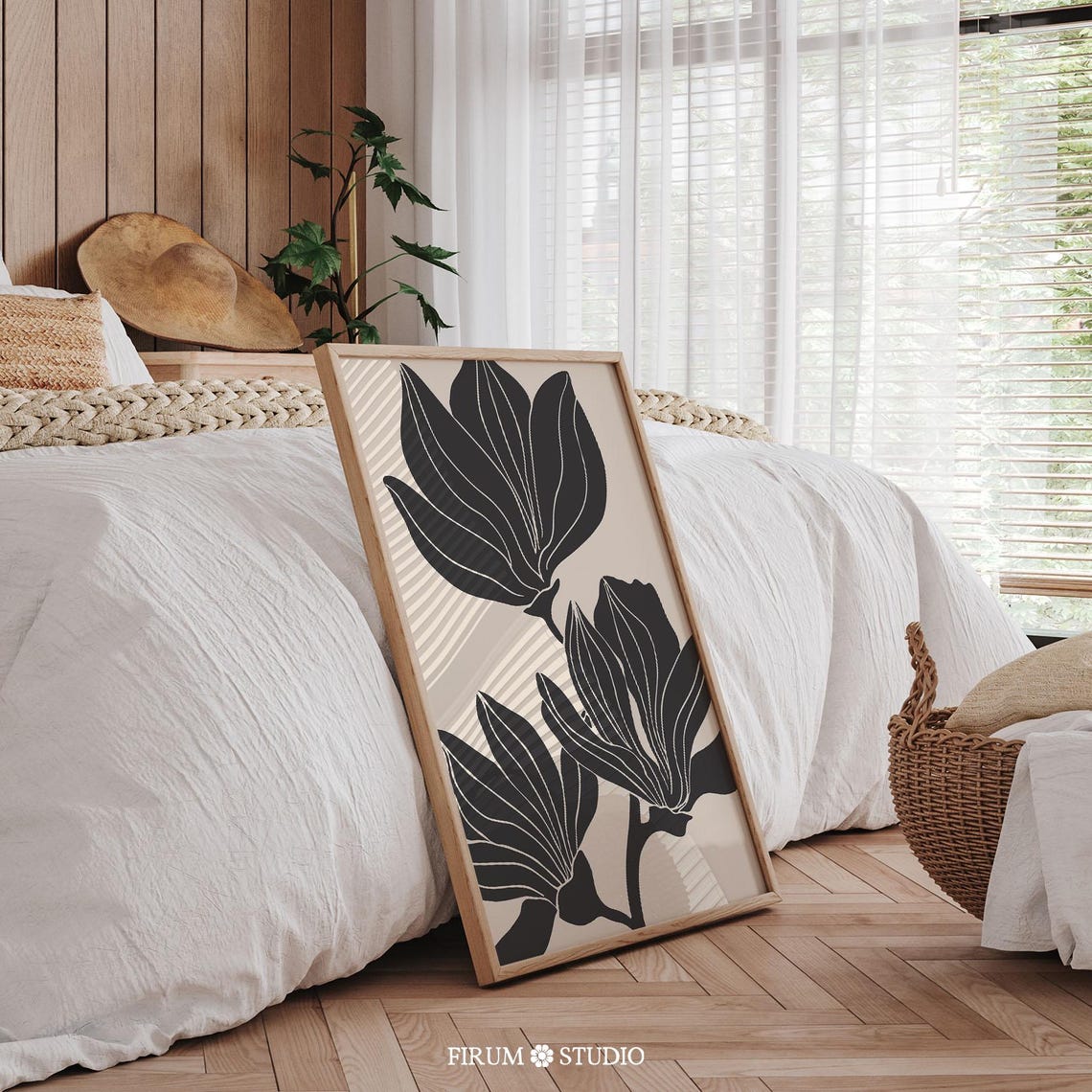 Bold Black Floral Silhouette Modern Botanical Beige Wall Art - Image 2