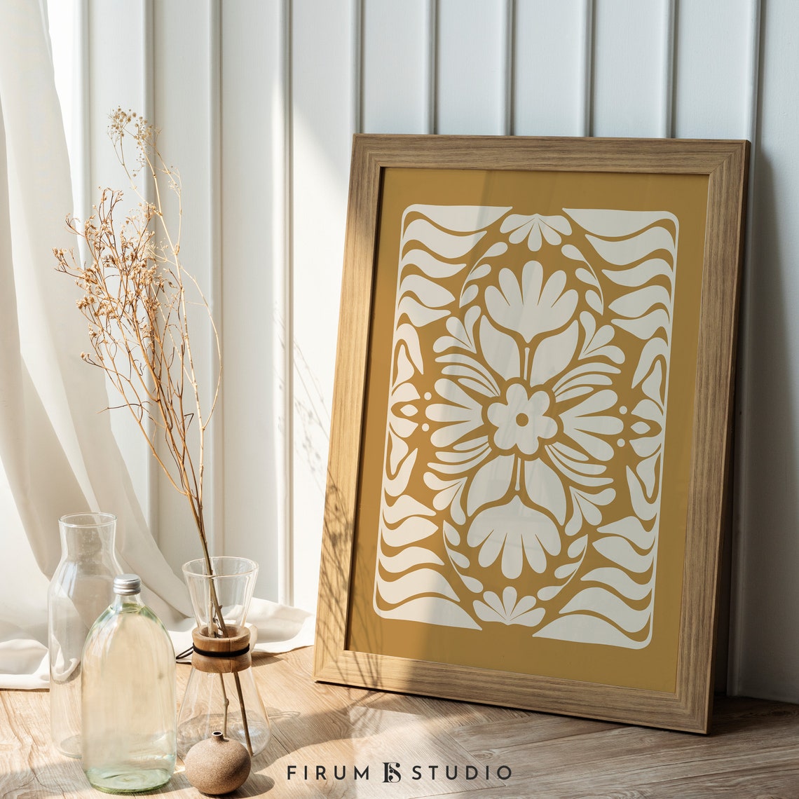 Mustard Yellow Boho Botanical Floral Ornamental Art Print Retro Style - Image 2