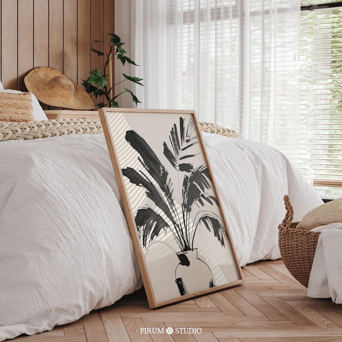 Abstract Black Ink Palm Leaves Vase Minimalist Botanical Wall Art - Image 2