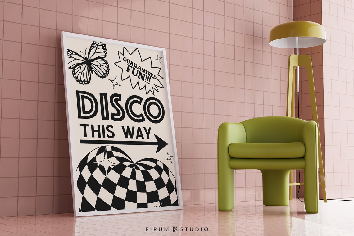 Disco This Way Arrow Checkerboard Lips Retro Party Fun Poster