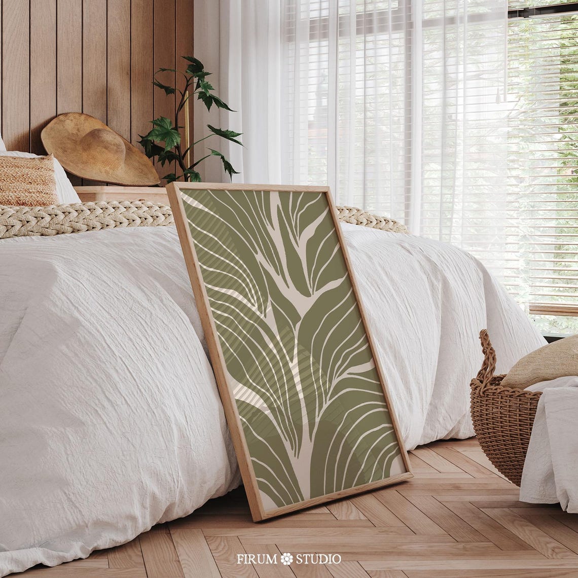 Olive Green Abstract Leaf Fronds Cream Modern Botanical Art Poster - Image 2