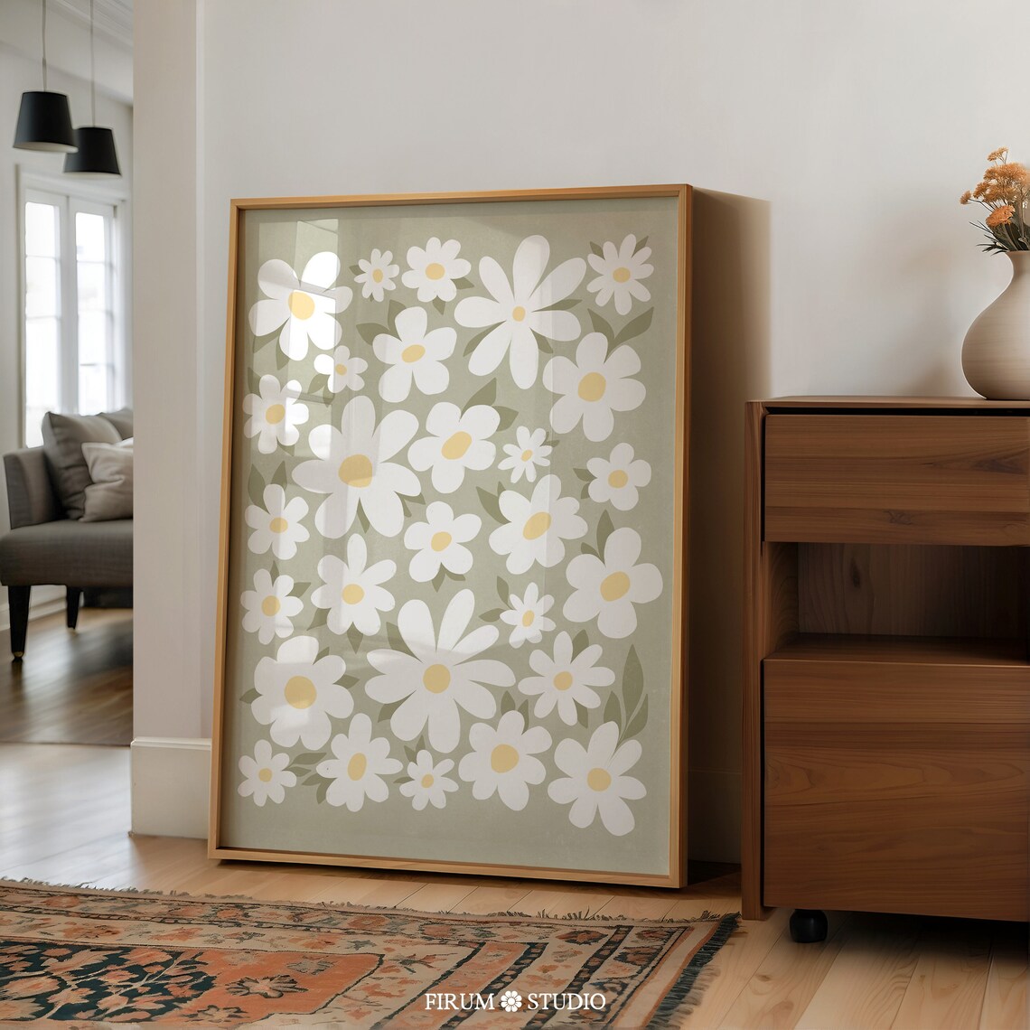 Daisies Sage Green Boho Floral Art Print - Image 2