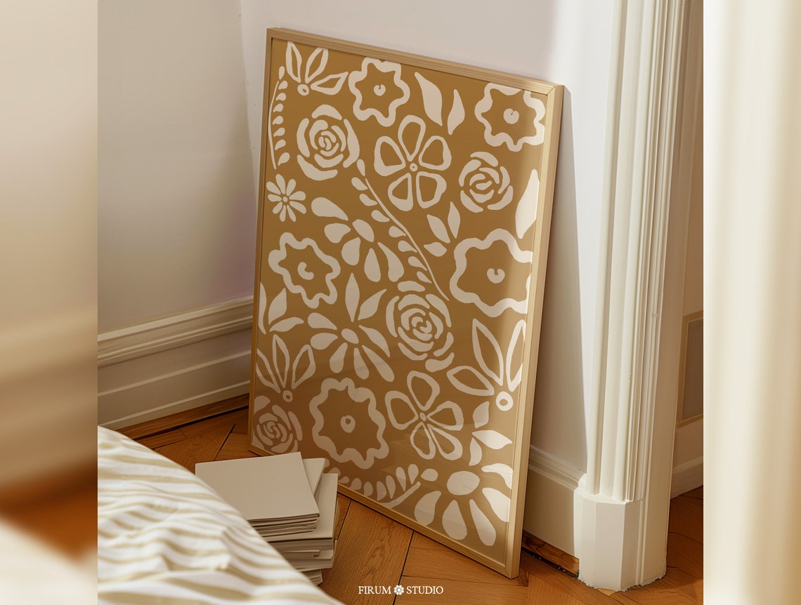Mustard Yellow Floral Pattern Hand Drawn Boho Botanical Art Print