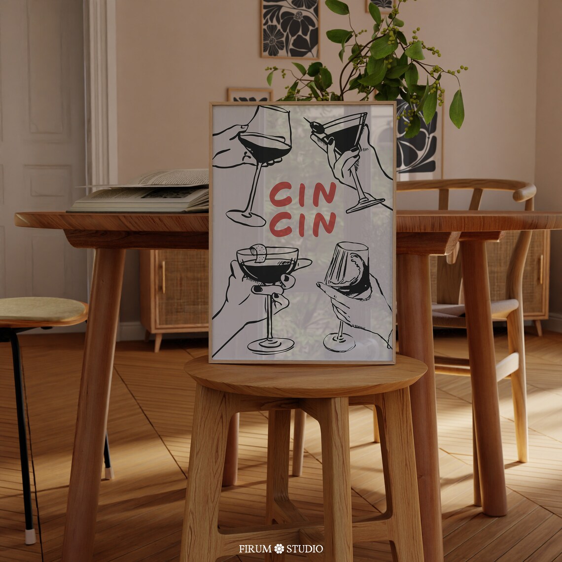 Cin Cin Cocktail Bar Poster Trendy Line Art Cheers Toast Martini Glasses