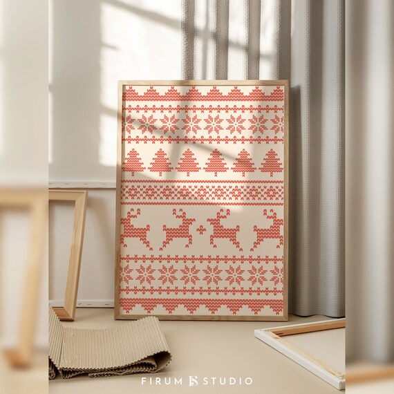 Red Fair Isle Christmas Knit Pattern With Reindeer And Trees Poster