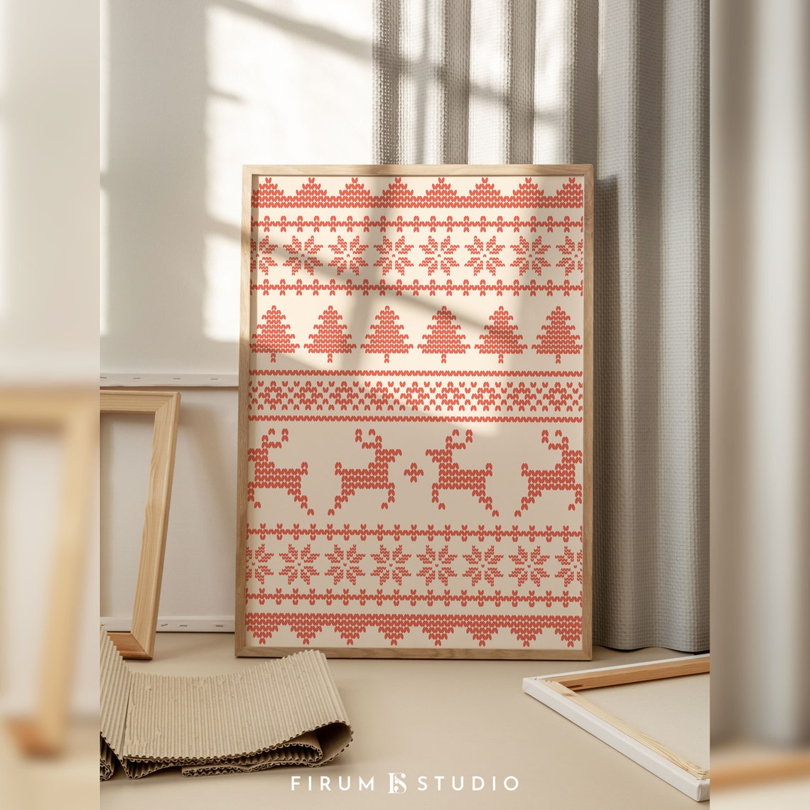 Red Fair Isle Christmas Knit Pattern With Reindeer And Trees Poster
