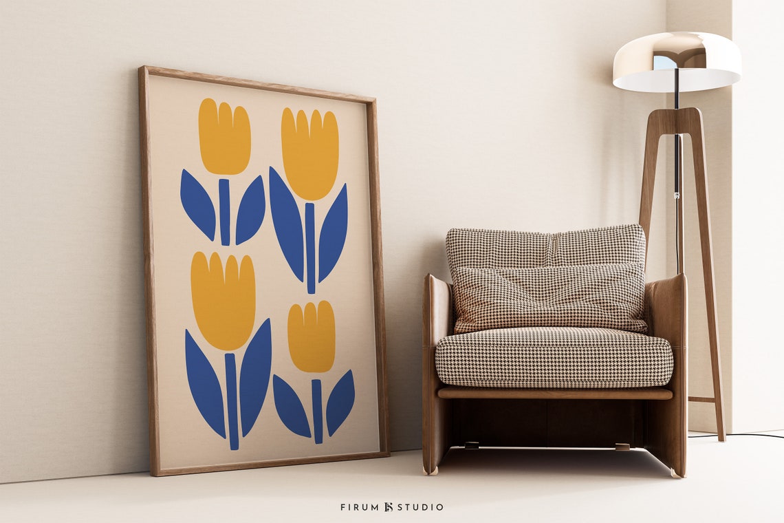 Yellow Tulip Mid Century Modern Print in Blue and Mustard on Beige
