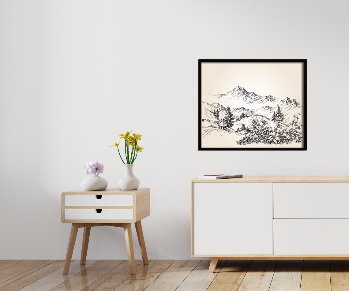 Black And White Beautiful Mountain And Village Home Decor Farmhouse Home Decor Country Style Home Art - Image 4