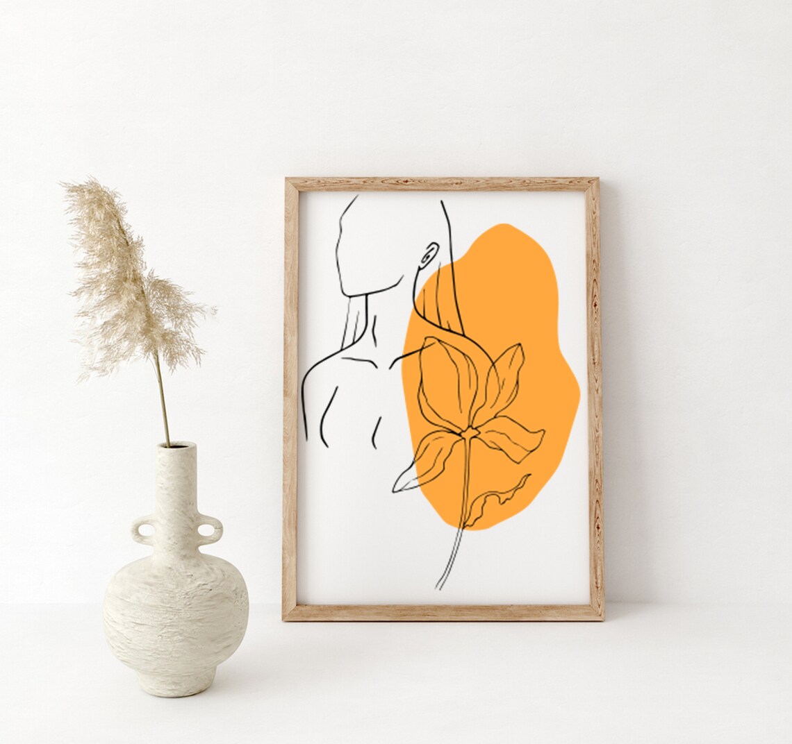 Feminine Line Portrait with Orange Abstract Flower Detail Wall Poster - Image 4