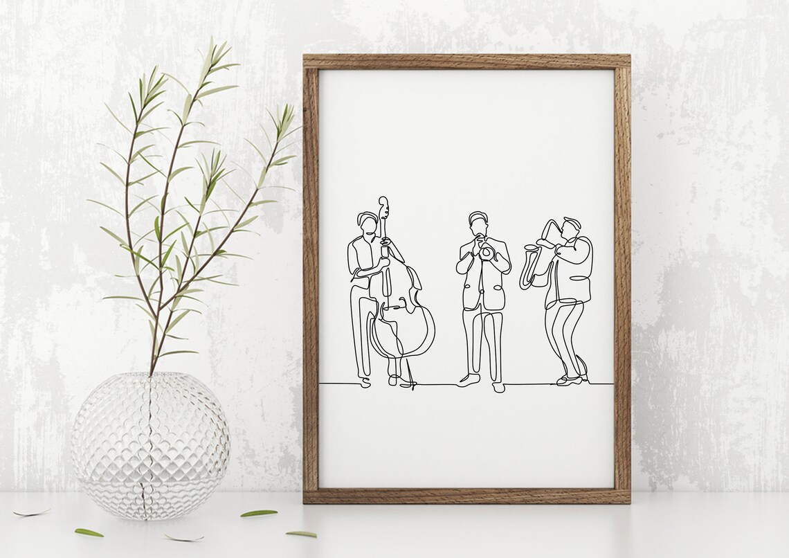 One Line Jazz Musicians Trio Black White Minimalist Music Poster - Image 4