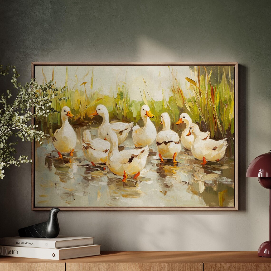 White Duck Pond Painting, Peaceful Farm Animal
