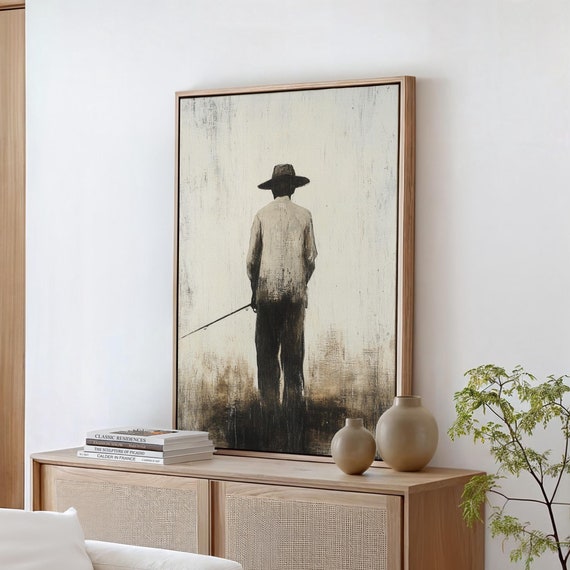 Vintage Fisherman Artwork Rustic Minimalist Painting Of Man With Fishing Rod Farmhouse Wall Decor Nostalgic Country Art Print