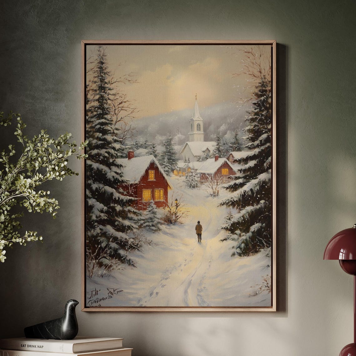 Snowy Village Christmas, Winter Cabin Scene Art Print