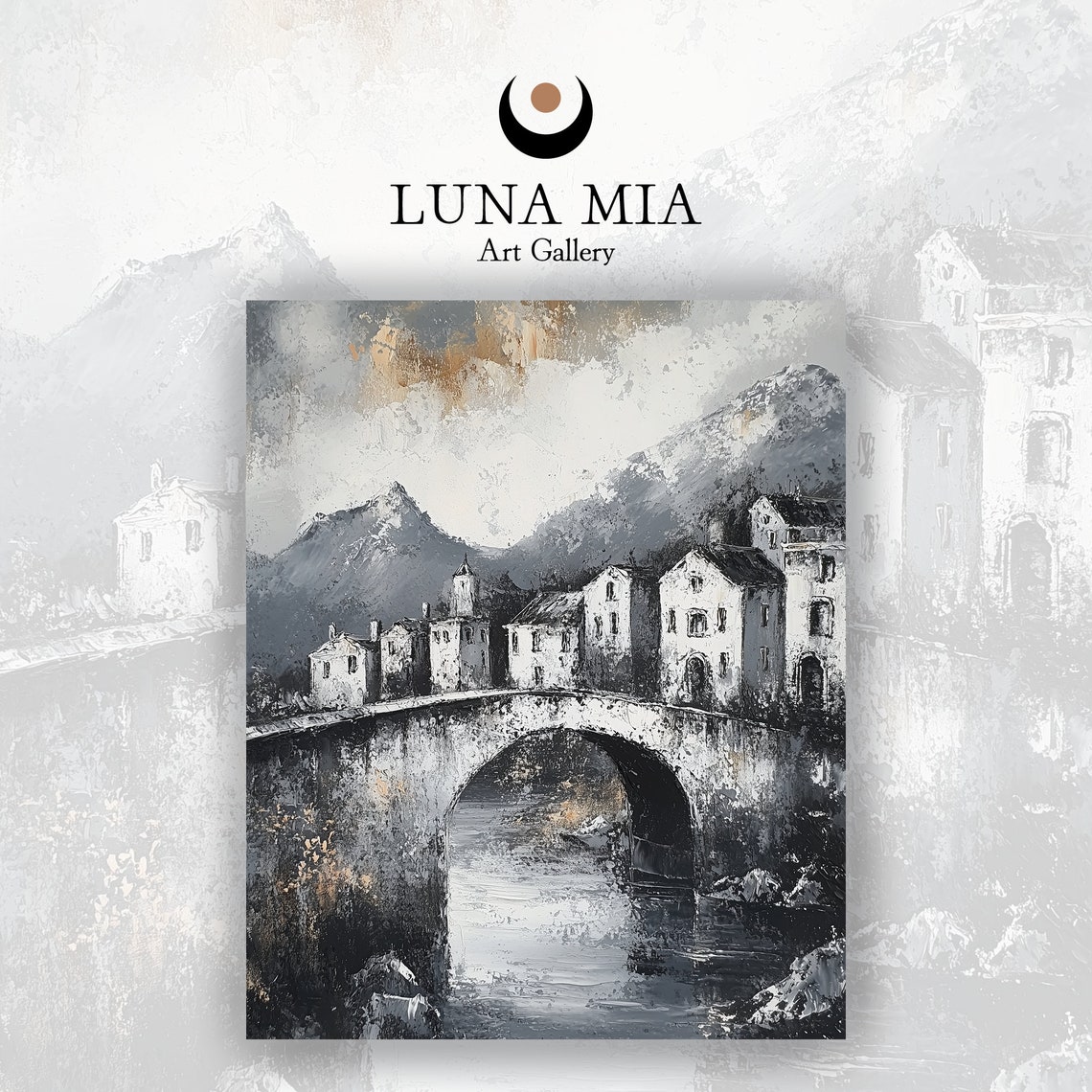 Timeless Black and White Village With Stone Bridge Art Poster - Image 2